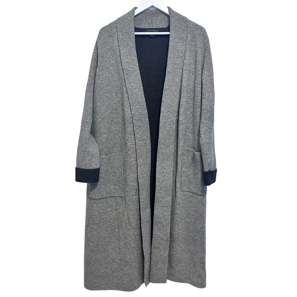 Tahari Long Open Front Cardigan Womens‎ L Sweater Wool Blend Gray Black Pockets